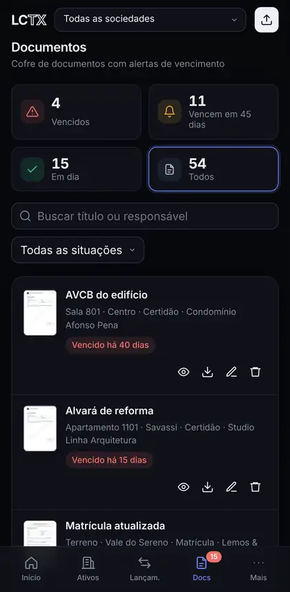 Cofre de documentos no celular com vencidos e a vencer